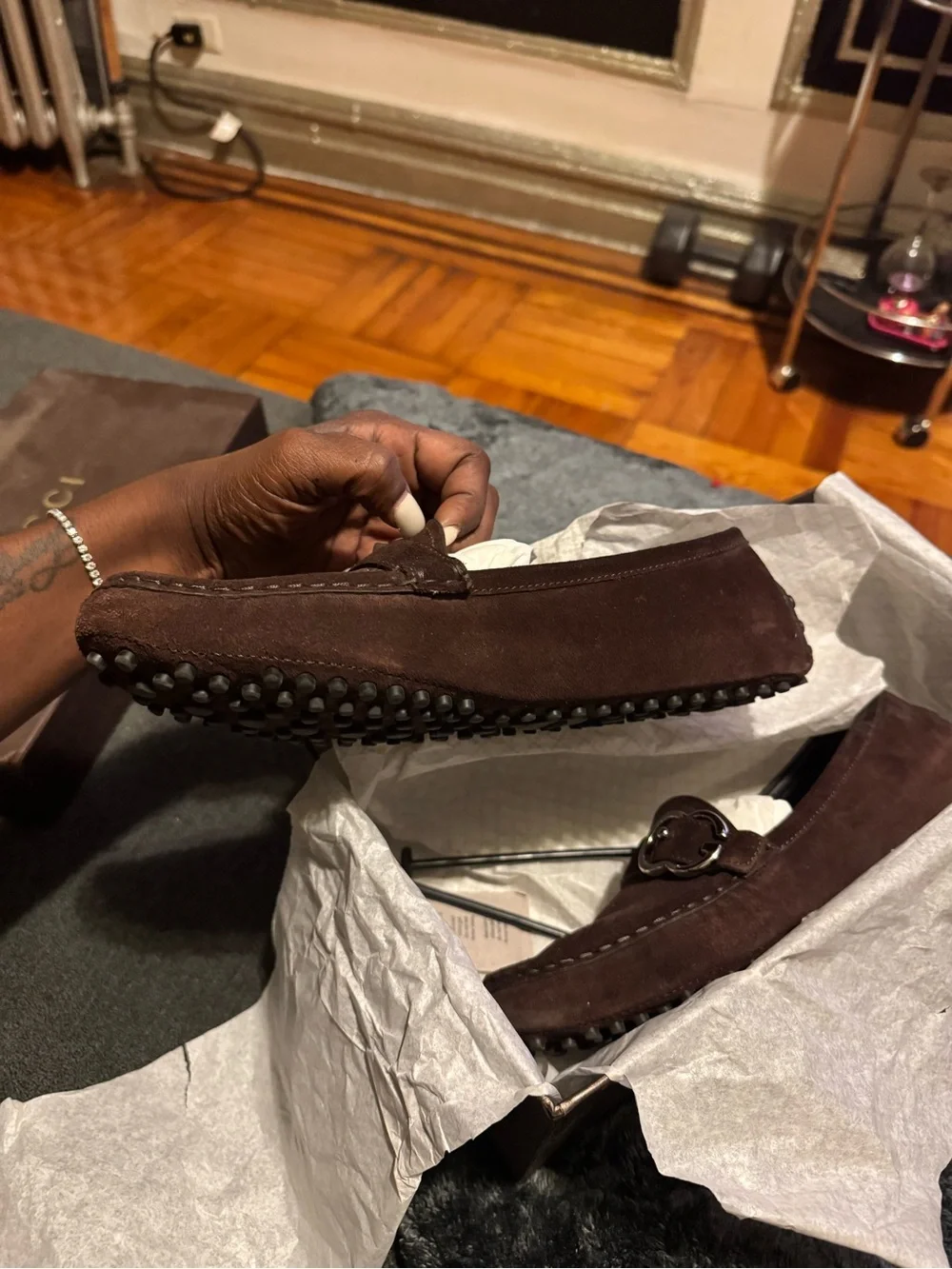 Women's Brown Suede Loafers with Metal G